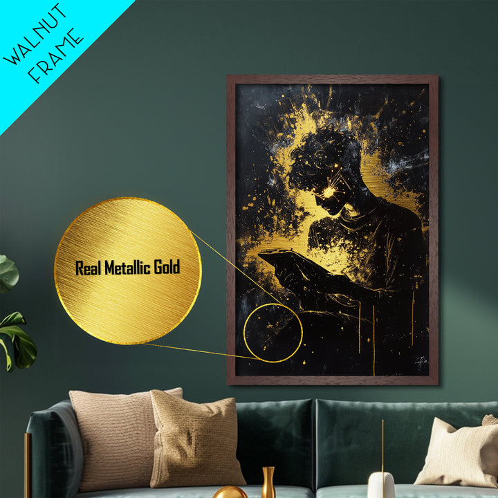 Witchy Tech Sorcerer Metallic Gold Art, Spooky Metal Art of Mystic Reader with Glowing Eyes, Framed in Natural Wood
