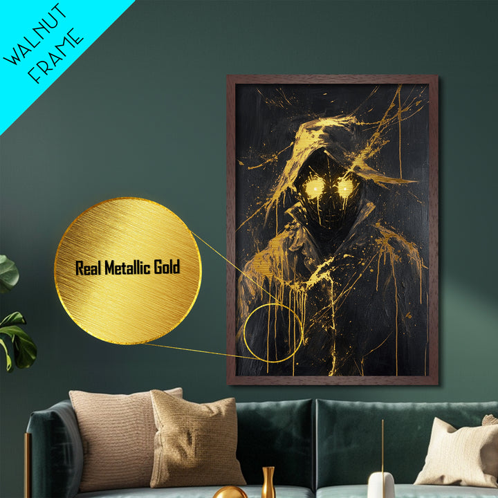 Glowing-Eyed Phantom Metallic Gold Art, Spooky Season Metal Art of Hooded Specter, Creepy Gothic Wall Decor with Real Wood Frame