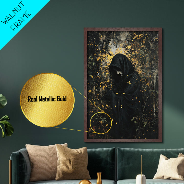 Haunted Forest Reaper Metallic Gold Art, Dark Spooky Season Metal Art of Gothic Hooded Figure, Horror Wall Decor in Wood Frame