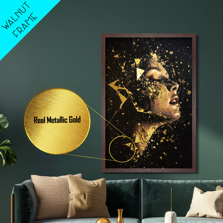 Shattered Face Metallic Gold Art, Horror-Inspired Spooky Season Metal Art, Gothic Halloween Wall Decor with Real Wood Frame