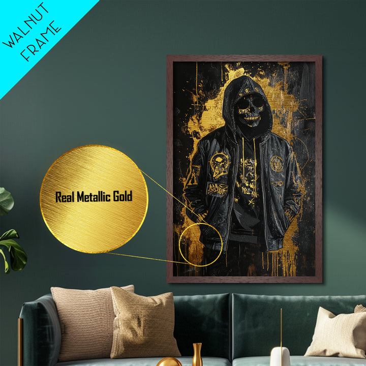 Skeleton Hoodie Metallic Gold Art, Creepy Gothic Spooky Season Metal Art, Haunted Skull Figure Wall Decor in Natural Wood Frame