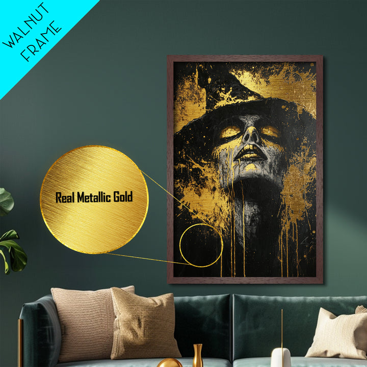 Witchy Gothic Metallic Gold Art Metal Art with Real Wood Frame, Spooky Halloween Wall Decor, Haunted Witch Portrait Print