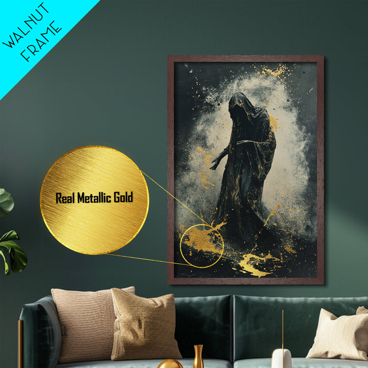Haunting Reaper Metallic Gold Art Metal Art in Natural Wood Frame, Spooky Halloween Gothic Wall Art, Creepy Dark Spirit Decor