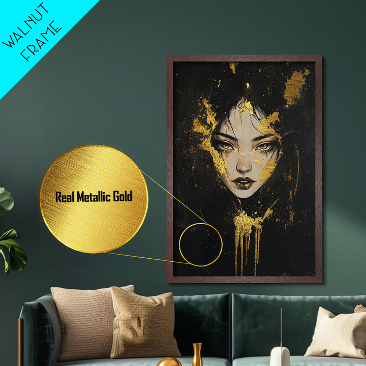 Eerie Witch Portrait Metallic Gold Art Metal Art, Spooky Halloween Wall Hanging with Real Wood Frame, Gothic Haunted Home Decor