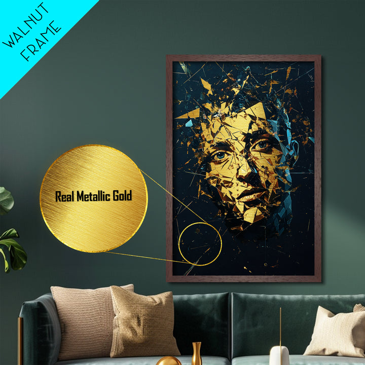 Shattered Face Metallic Gold Art Metal Art, Spooky Season Horror Abstract with Real Wood Frame, Creepy Halloween Gothic Wall Art