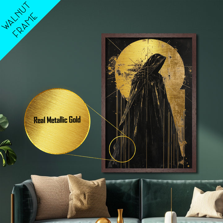 Cloaked Horror Metallic Gold Art Metal Art with Real Wood Frame, Gothic Spooky Halloween Decor, Haunted Dark Spirit Wall Hanging