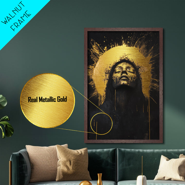 Golden Halo Witch Metallic Gold Art Metal Art with Real Wood Frame, Spooky Halloween Gothic Wall Hanging, Haunted Dark Portrait