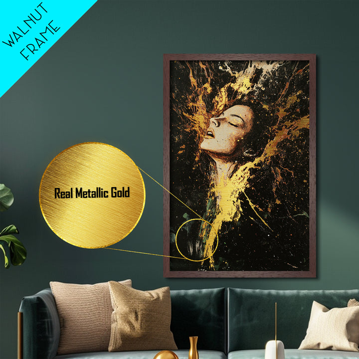 Fiery Witch Metallic Gold Art Metal Art with Real Wood Frame, Spooky Season Haunted Portrait, Creepy Gothic Halloween Wall Hanging