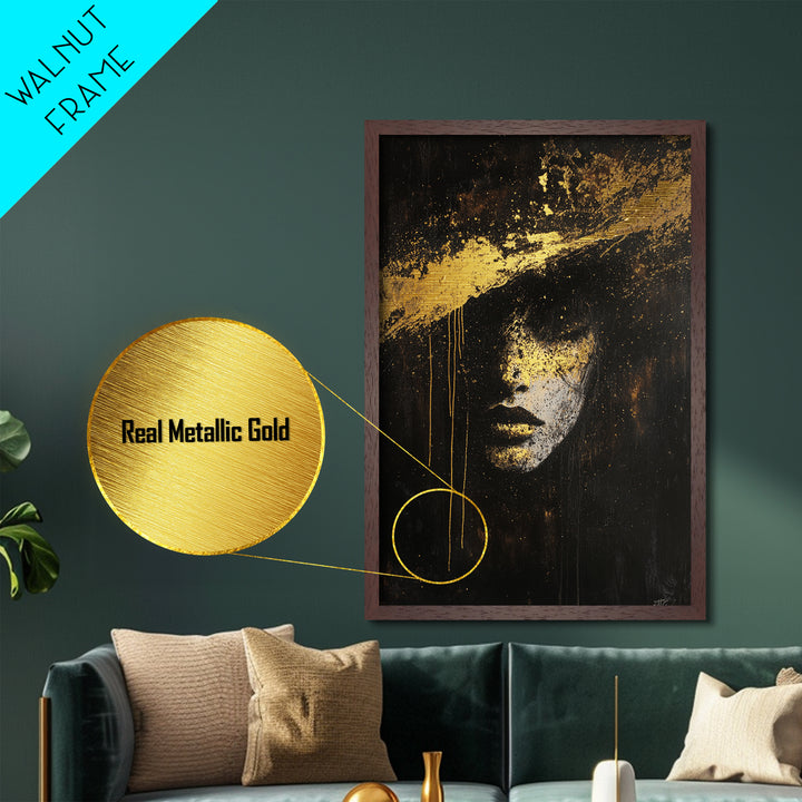 Haunted Metallic Gold Art Face Portrait | Gothic Horror Metal Art Spooky Wall Decor | Framed In Natural Real Wood