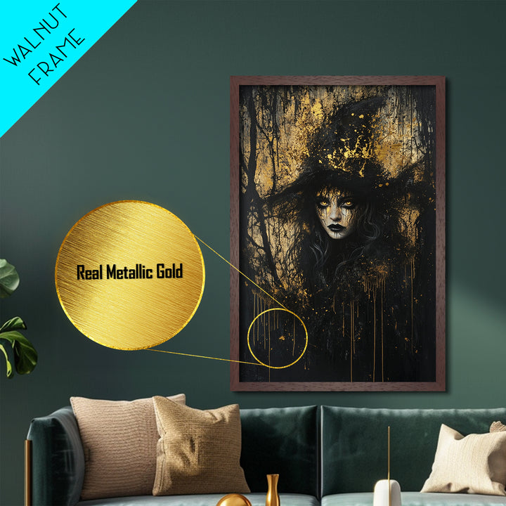 Witchy Woman With Glowing Eyes | Gothic Metallic Gold Art And Spooky Metal Art | Halloween Wall Decor Framed In Real Wood