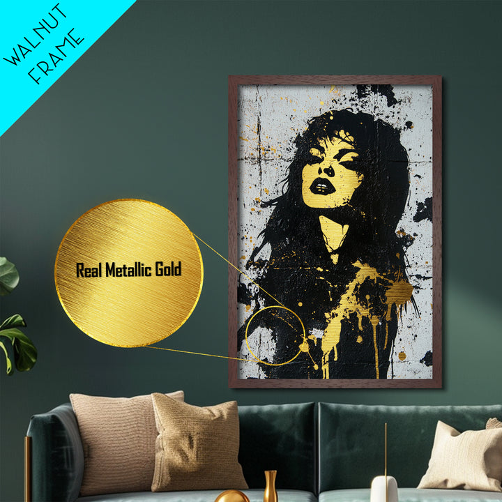Gothic Female Vampire Portrait Metallic Gold Art | Dark Horror Metal Art Halloween Decor | Real Wood Frame Handcrafted Finish