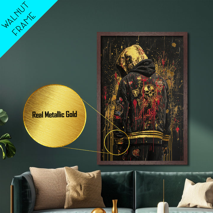 Skull Hooded Jacket Street Style Metallic Gold Art | Creepy Gothic Horror Metal Art | Halloween Wall Decor In Real Wood Frame
