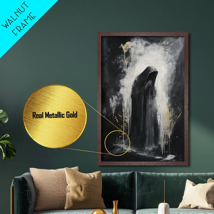 Dark Grim Reaper Metallic Gold Art | Haunted Horror Metal Art Spooky Season Wall Decor | Framed With Natural Real Wood