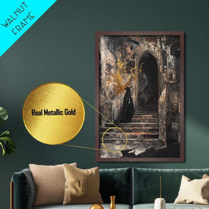 Gothic Castle Staircase Witch Metallic Gold Art | Haunted Horror Metal Art Halloween Wall Decor | Framed Real Wood Accent
