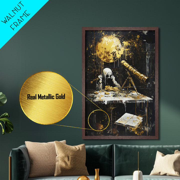 Spooky Astronomy Scene With Hooded Figure Metallic Gold Art | Creepy Metal Art Haunted Halloween Decor | Real Wood Frame Display