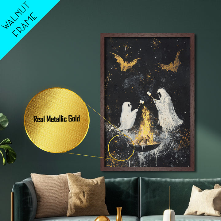 Ghosts Roasting Marshmallows Metallic Gold Art, Spooky Metal Art Halloween Wall Decor with Real Wood Frame, Haunted Firepit Scene