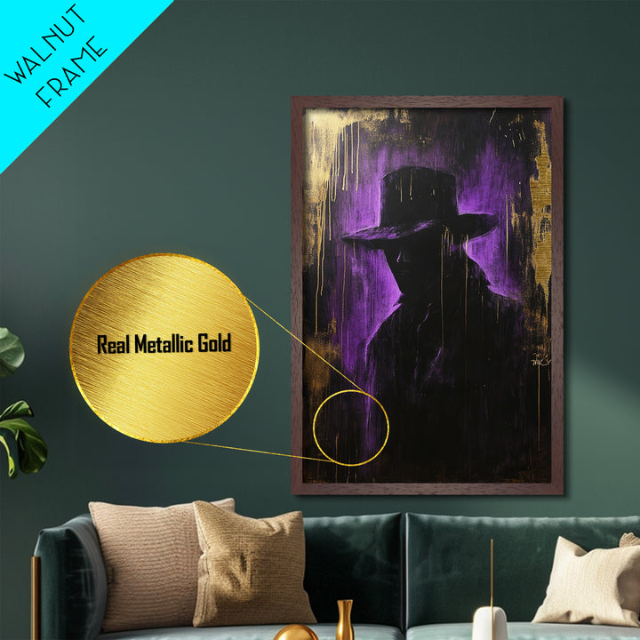 Mysterious Dark Stranger Metallic Gold Art, Gothic Metal Art Purple and Gold Halloween Shadow Silhouette Framed with Natural Wood