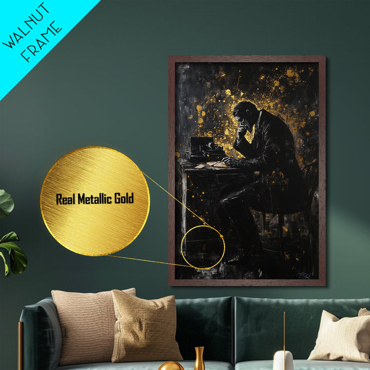 Haunted Writer at Desk Metallic Gold Art, Gothic Metal Art Creepy Office Halloween Scene with Real Wood Frame for Spooky Season