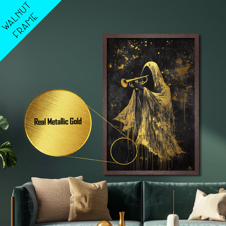 Trumpet-Playing Phantom Metallic Gold Art, Ghostly Musician Metal Art Halloween Wall Hanging in Natural Wood Frame Spooky Jazz Decor