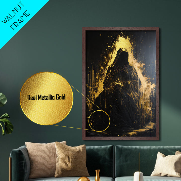 Dark Hooded Phantom Metallic Gold Art, Gothic Metal Art Haunted Shadow Figure Wall Decor in Natural Wood Frame for Halloween Atmosphere