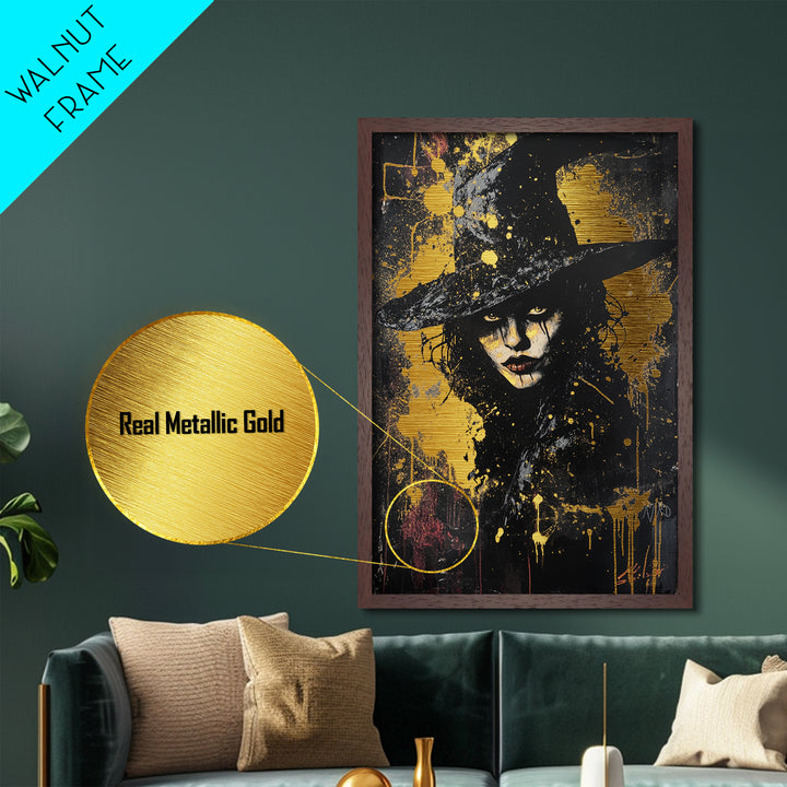 Witchy Woman Portrait with Hat – Metallic Gold Art Halloween Wall Decor, Gothic Metal Art, Dark Glam with Real Wood Frame