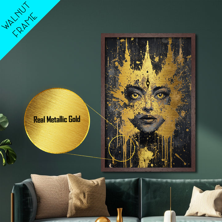 Mystic Third Eye Goddess – Metallic Gold Art, Spooky Season Witchy Metal Art, Occult Halloween Decor in Real Wood Frame