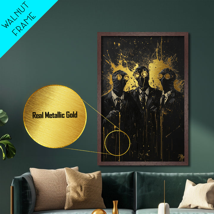Steampunk Horror Trio – Gothic Plague Mask Characters, Metallic Gold Art, Creepy Halloween Metal Art, Natural Wood Framing