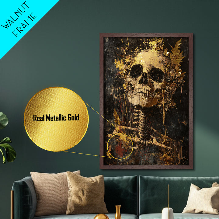 Skeleton with Floral Crown – Metallic Gold Art, Spooky Gothic Metal Art, Creepy Halloween Skeleton Decor in Natural Wood Frame
