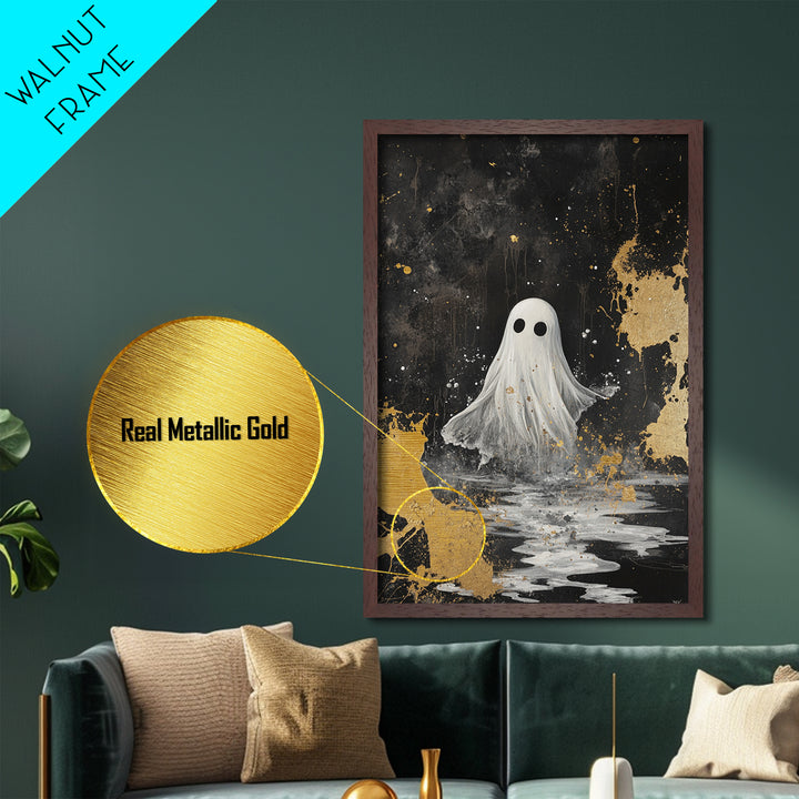 Haunted Ghost Metallic Gold Art, Spooky Season Metal Art with Natural Wood Frame, Gothic Halloween Wall Decor Accent