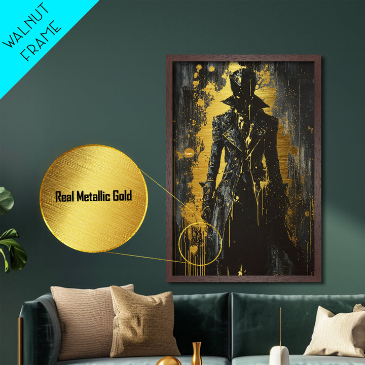 Dark Shadow Figure Metal Art, Gothic Horror Metallic Gold Art Framed in Real Wood, Creepy Haunted Halloween Wall Hanging
