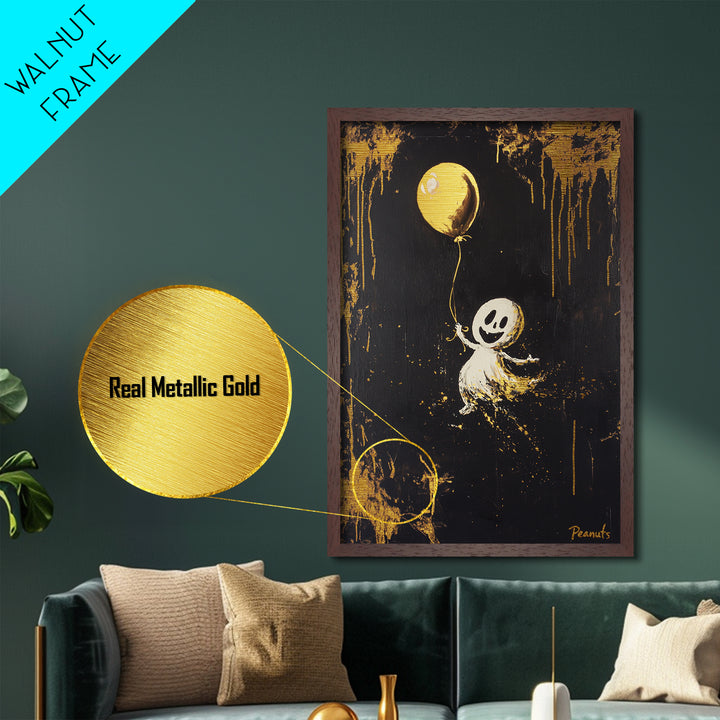 Cute Ghost Metallic Gold Art Metal Art, Spooky Halloween Wall Art with Balloon, Framed in Real Wood for Seasonal Decor