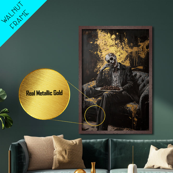 Skull Butler Metallic Gold Art, Gothic Horror Metal Art with Wooden Frame, Spooky Halloween Creepy Wall Decor Accent