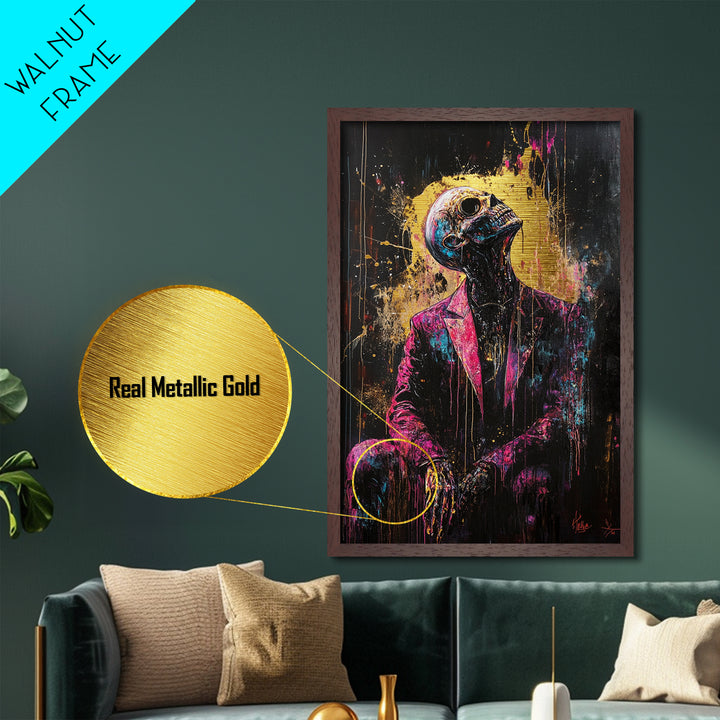 Skeleton Gentleman Gothic Metal Art, Vibrant Horror Metallic Gold Art with Real Wood Frame, Creepy Halloween Wall Decor