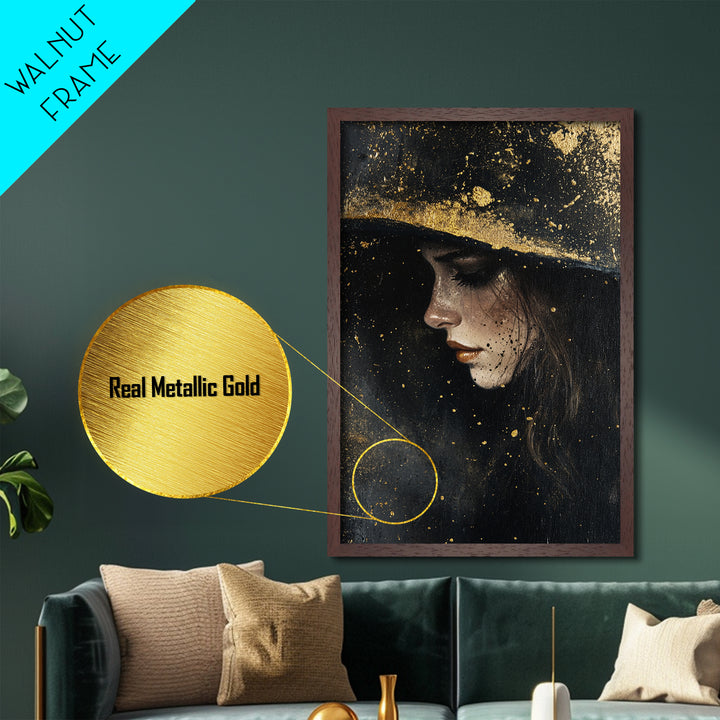 Mystical Witch Portrait Metallic Gold Art, Dark Gothic Metal Art with Framed Natural Wood, Haunted Spooky Season Wall Art
