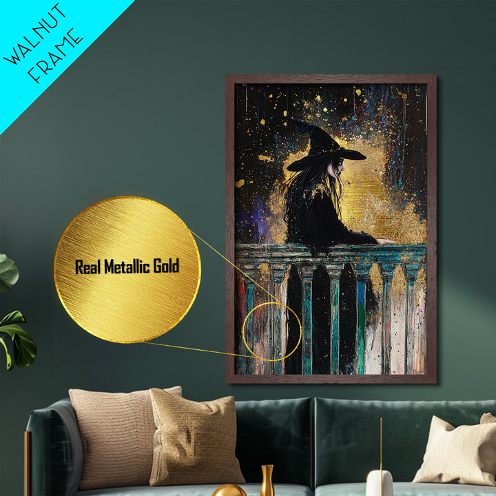 Witch on Balcony Gothic Metal Art, Spooky Metallic Gold Art with Wooden Frame, Halloween Haunted Season Wall Decor Accent