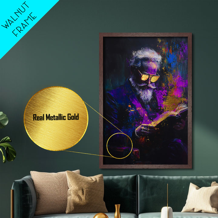 Haunted Scholar Metallic Gold Art Metal Art Gothic Halloween Painting with Real Wood Frame Spooky Reading Room Wall Decor