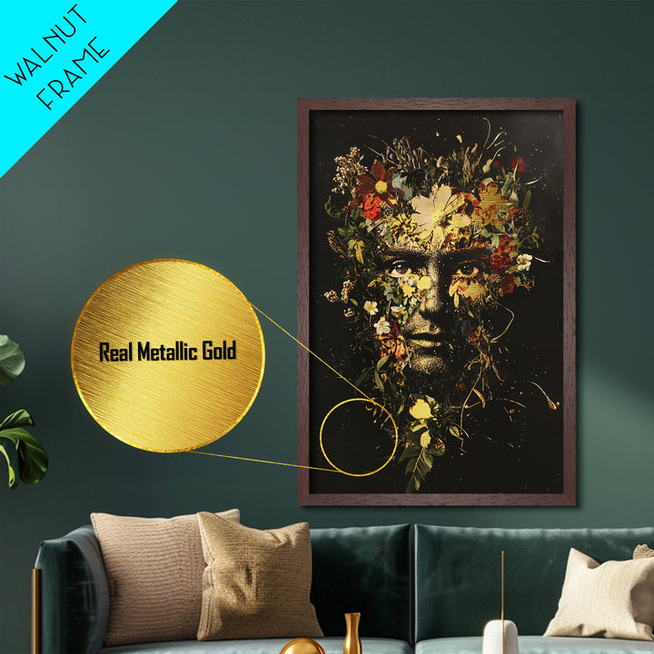 Floral Mask Metallic Gold Art Metal Art Creepy Botanical Halloween Portrait Framed in Natural Wood Spooky Season Wall Decor