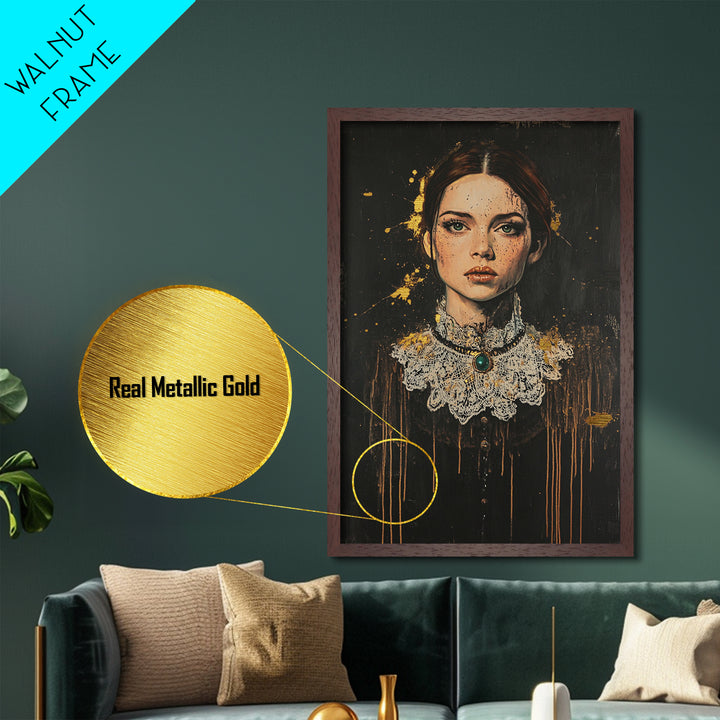 Victorian Lady Metallic Gold Art Metal Art Gothic Haunted Portrait with Lace Collar Framed in Real Wood Halloween Home Decor