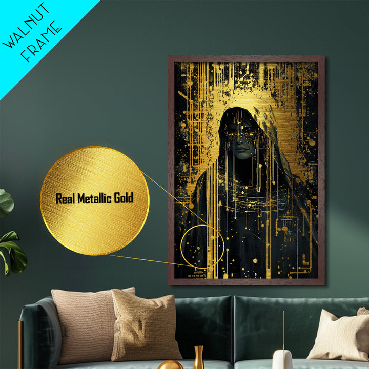 Cyber Witch Metallic Gold Art Metal Art, Futuristic Gothic Halloween Portrait, Spooky Season Wall Hanging in Wood Frame