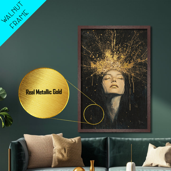 Witchy Crown Metallic Gold Art Metal Art Haunted Spells Halloween Portrait Framed in Real Wood Spooky Season Gothic Decor