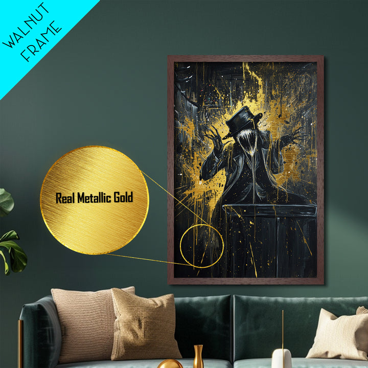 Top Hat Horror Metallic Gold Art Metal Art Gothic Creepy Halloween Painting with Real Wood Frame Haunted Spooky Season Decor