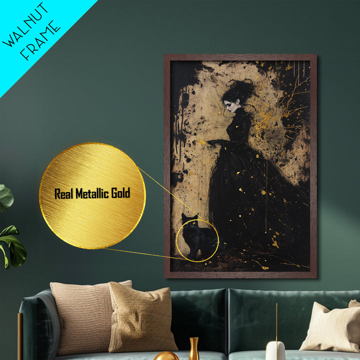 Gothic Witch Metallic Gold Art Metal Art Haunted Woman and Black Cat Framed in Natural Wood Spooky Halloween Wall Artwork