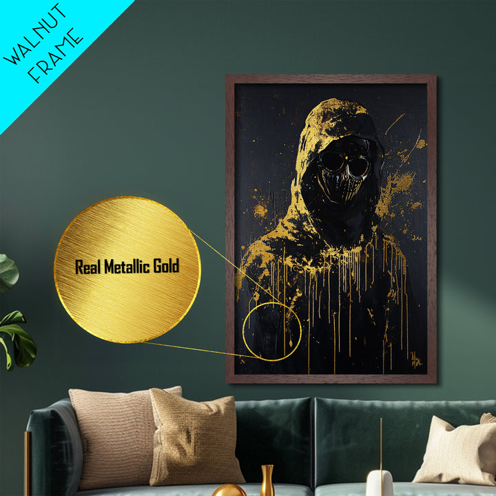 Dark Hooded Figure Metallic Gold Art Metal Art Gothic Creepy Halloween Painting in Real Wood Frame Haunted Spooky Season Decor
