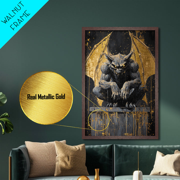 Gargoyle Metallic Gold Art Metal Art Gothic Demon Halloween Statue Painting Framed in Real Wood Spooky Haunted Wall Artwork