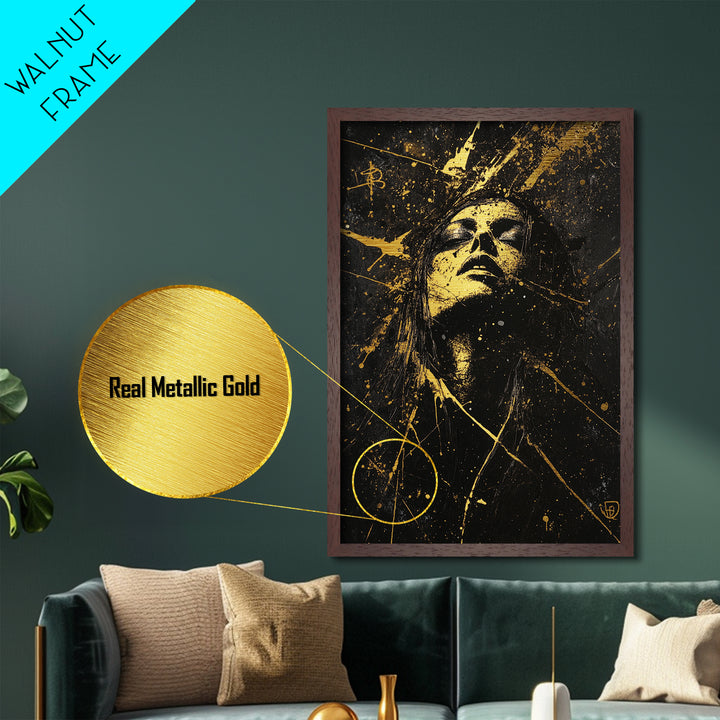 Witchy Glow Metallic Gold Art Metal Art Haunted Woman Halloween Portrait with Gold Splatter Framed in Real Wood Spooky Decor