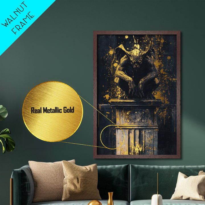 Gothic Gargoyle Metallic Gold Art Metal Art | Haunted Wall Decor with Real Wood Frame for Spooky Season and Halloween Vibes