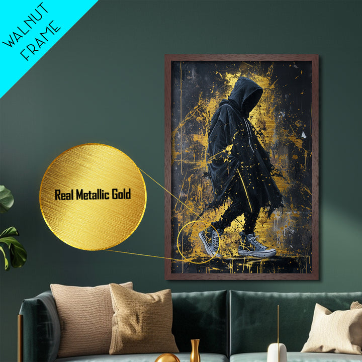 Creepy Hooded Figure Metallic Gold Art Metal Art | Spooky Season Wall Art Framed in Real Wood | Halloween Haunted Decor