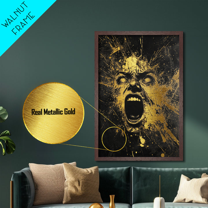 Horror Scream Face Metallic Gold Art Metal Art | Haunted Gothic Halloween Wall Art in Real Wood Frame | Spooky Home Accent