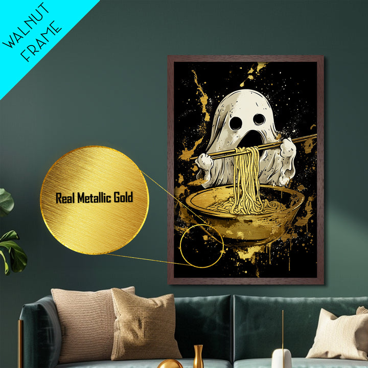 Ghost Ramen Metallic Gold Art Metal Art, Funny Spooky Halloween Wall Art, Noodle Lover Haunted Decor in Real Wood Frame