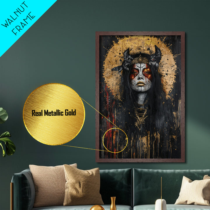 Witch Queen Portrait Metallic Gold Art Metal Art | Gothic Halloween Wall Decor with Natural Wood Frame | Spooky Witchy Design